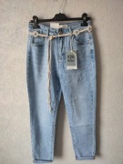Jeansy Damskie Mom Fit jasne + sznurkowy pasek z perełkami L