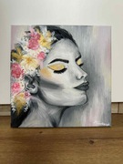 Obraz kobieta kwiaty szary abstrakcja 30x30 cm