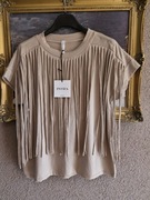 Bluzka damska bawełna  t shirt beżowy z frędzlami Insta