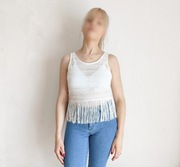 Krótka bluzka crop top H&M XS 34 S 36 biała frędzl