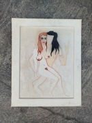Obraz duży vintage / akwarela-gwasz / akt surrealistyczny Czechy 1970-80