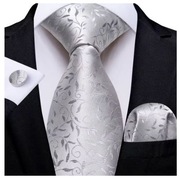 Elegancki Biznesowy Zestaw Krawat Poszetka Spinki - Srebrny 7682