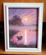 "ŚWIT NAD BRZEGIEM JEZIORA"- OBRAZ OLEJNY NA PŁÓTNIE/48x38 