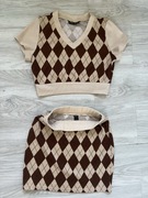 Dwuczęściowy komplet dzianinowy Shein kratka beż-brąz rozmiar S