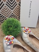 Baleriny skórzane srebrne miękkie roz 40 z kolorowym kwiatem Fabio Fabrizi 