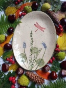 Ceramiczna patera ważka i kwiaty lata, rękodzieło 