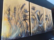 Poranny Śpiew Tryptyk Obraz Olej Ptak 30x60 Wschód Słońca Łąka Mgła