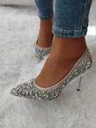 (38) Srebrne, bogato zdobione czółenka szpilki wieczorowe , NOWE 