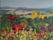 Obraz olejny kwiaty liliowce pejzaż 