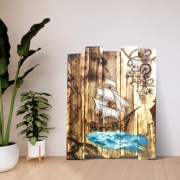 Unikatowy obraz ręcznie malowany i wypalany na drewnie. Żaglowiec, vintage