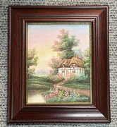 Śliczny obraz ręcznie malowany kwiaty dom wiosna 