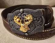 Skórzany pasek myśliwski JELEŃ BYK, do munduru myśliwego, leśnika. 120cm.