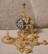 Piękna bogatozdobiona kadzielnica metalowa złocona emaliowana NOWA.