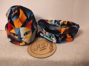 Komplet czapka komin Welur damski koty geometryczn