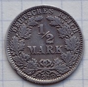 #2614 Niemcy - Cesarstwo 1/2 marki 1919 A srebro 