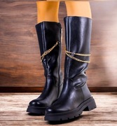 Buty czarne klasyczne eko skóra złoty łańcuch 