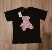 T-shirt damski z misiem w cekiny 