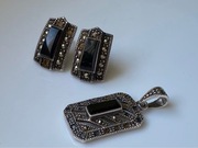 Stary srebrny komplet onyks kolczyki zawieszka vintage srebro