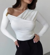 Biała efektowna bluzka ozdobne ramię XS