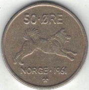 Norwegia 50 ore 1961 - 22 mm - nr 1