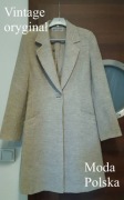 Beżowy płaszcz Moda Polska – unikat vintage, len, r. 38