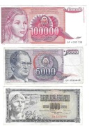 Jugosławia, zestaw 3 banknotów 1000 + 5000 + 100000 dinarów 1981-1989r.