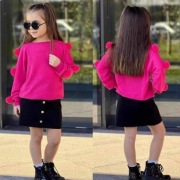 Nowy komplet różowa bluza pompony + czarna spódnica r. 134/140