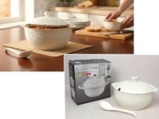 waza ceramiczna z pokrywką i łyżką wzór fala złoty pas 24 x 18 cm CEK-50538