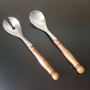 Vintage zestaw łyżek do serwowania sałatek 28,5cm rączki klon 