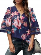 Szyfonowa Bluzka z Dzwonkowatymi Rękawami, 3/4, Kwiatowy, Styl Vintage, S