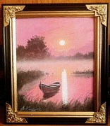 "ŚWIT NAD BRZEGIEM JEZIORA"- OBRAZ OLEJNY NA PŁÓTNIE/45x39