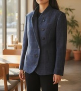 Marynarka z żywej, szetlandzkiej wełny Mina, granatowa w kratę, XL