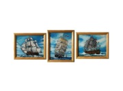 Marynistyka, "Trzy okręty", farby olejne na desce, 3 szt. komplet  