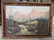 Stary obraz w starej, ozdobnej ramie - pejzaż górski