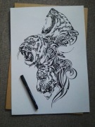 Rysunek, głowy tygrysów, cienkopis - blok tech. A3