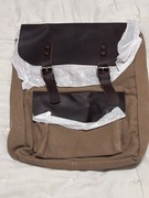 Plecak vintage nowy skóra naturalna brąz bawełna 