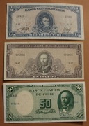CHILE  - 1/2 i 1 ESCUDO oraz 50 PESOS z lat 1960-75 r.- zestaw 3 banknotów 