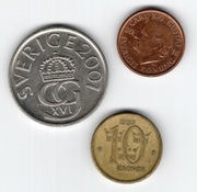 50 ore 2001, 1 korona 2016, 10 koron 1992r. Szwecja. Monety obiegowe 3 szt.