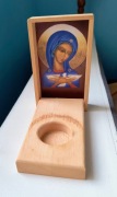 Drewniany ołtarzyk podróżny świecznik tealight Matka Boża rozkładany 
