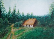 Obraz ręcznie malowany pejzaż chatka w lesie