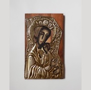 Piękna tłoczona ikona Matki Boskiej z dzieciątkiem metal + drewno efekt 3D