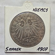 Stara Moneta Niemcy Prusy 5 Marek 1907 r.