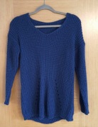 sweter niebieski granatowy dekolt w serek ozdobne wycięte plecy M 38