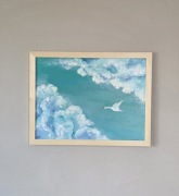Ręcznie malowany obraz 30x40  – niebo, chmury, ptak ,akryl na płótnie