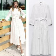 ZARA sukienka koszulowa midi z ażurowym haftem falbaną i paskiem, biała, S