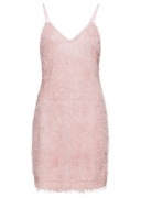 PUDROWA PUSZYSTA KRÓTKA SUKIENKA Z FRĘDZLAMI #065