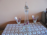 Karafka + 2 kielichy,rytowane i malowane,XX w.