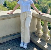 Beżowe lniane spodnie długie proste stradivarius L