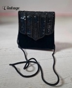 Mini torebka wieczorowa vintage welur czarna cekiny koraliki