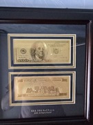 Pozłacane banknoty w drewnianej ramce- 4 sztuki